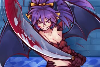 1girl angry anna_no_kojo armor armpit_crease aura bat_wings bikini_armor black_horns black_wings blood bloody_weapon boobplate bow breastplate breasts cleavage clenched_teeth collarbone commentary demon_girl demon_horns demon_wings english_commentary gauntlets greatsword highres holding holding_sword holding_weapon horns incoming_attack looking_at_viewer medium_breasts mon-musu_quest! mon-musu_quest:_paradox monster_girl pointing_melee_weapon pointing_sword pointy_ears purple_eyes purple_hair red_armor red_aura regina_(mon-musu_quest!) revealing_clothes shoulder_armor signature sword teeth weapon wings