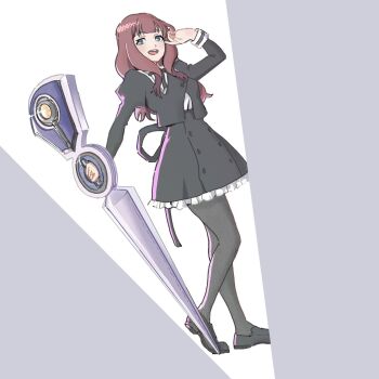 1girl assault_lily black_pantyhose black_ribbon black_shoes black_skirt blue_eyes blunt_bangs blush brown_hair buttons commentary_request cropped_jacket dutch_angle frilled_skirt frills from_side full_body grey_background hand_up heel_up high-waist_skirt highres holding holding_sword holding_weapon jewelry juliet_sleeves kaede_johan_nouvel kesunoie loafers long_hair long_sleeves looking_at_viewer looking_to_the_side miniskirt neck_ribbon open_mouth pantyhose puffy_sleeves ribbon ring school_uniform shoes sidelocks skirt smile solo standing sword teeth two-tone_background upper_teeth_only wavy_hair weapon white_background yurigaoka_girls_academy_school_uniform