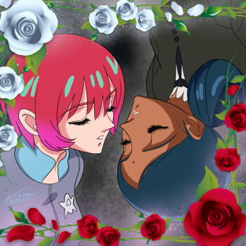 2girls absurdres amate_yuzuriha bindi black_hair closed_eyes dark-skinned_female dark_skin double_bun dress flower gundam gundam_gquuuuuux hair_bun highres jacket kobakin lalah_sune long_sleeves multiple_girls open_mouth parody red_flower red_hair red_rose rose short_hair shoujo_kakumei_utena upside-down white_flower white_rose