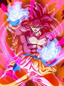 1boy aura body_fur commentary_request cowboy_shot dragon_ball dragon_ball_daima highres male_focus monkey_tail muscular muscular_male orange_pants pants pink_eyes pink_fur pink_hair pink_tail solo son_goku super_saiyan super_saiyan_4 tail topless_male yamuchasiyagatte