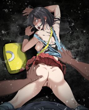 1boy 1girl absurdres ass black_eyes black_hair blush censored clothes_lift crying dark-skinned_male dark_skin grey_eyes hetero highres holding_ass huge_filesize imminent_rape leaf_(pokemon) long_hair looking_at_viewer looking_back lying messy_hair mosaic_censoring nintendo nipples on_stomach open_mouth pokemon pokemon_frlg pov pov_crotch pov_hands pussy red_skirt scared shirt skirt skirt_lift solo_focus tears torn_clothes torn_shirt tsukishiro_saika variant_set wristband yellow_bag