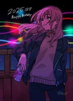 Rule 34 | 1girl, awa subaru, beer can, black choker, black jacket, black pants, brown sweater, can, choker, commentary, dated, drink can, earclip, ebizuka tomo, gift, girls band cry, grey eyes, grey hair, happy birthday, highres, holding, holding can, iseri nina, jacket, kawaragi momoka, long hair, momo no suidou-sui, multicolored hair, open clothes, open jacket, open mouth, pants, pink ribbon, railing, ribbon, roots (hair), rupa (girls band cry), solo, sweater, symbolism, togenashi togeari