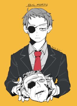 Rule 34 | 1boy, character name, closed mouth, collared shirt, commentary request, dated, evil morty, evil rick, expressionless, eyepatch, greyscale with colored background, holding, holding detached head, jacket, long sleeves, male focus, necktie, neg 50asu, red necktie, rick and morty, shirt, short hair, solo, spot color, upper body, yellow background