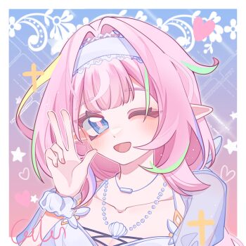 1girl ;o bikini breasts catlenxingxing chinese_commentary commentary_request elf elysia_(honkai_impact) elysia_(miss_pink_elf)_(honkai_impact) elysia_(summer_miss_elf)_(honkai_impact) gradient_background hairband highres honkai_(series) honkai_impact_3rd jewelry large_breasts long_hair looking_at_viewer necklace official_alternate_costume one_eye_closed pink_hair pointy_ears shell shell_necklace smile solo swimsuit upper_body very_long_hair white_bikini white_hairband