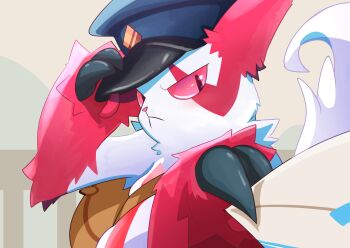 adjusting_clothes adjusting_headwear blue_hat clothed_pokemon gen_3_pokemon hat highres holding holding_letter letter looking_at_another looking_at_viewer nintendo pokemon pokemon_(creature) red_eyes red_fur solo two-tone_fur upia upper_body white_fur zangoose