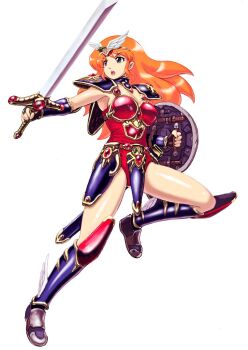 1girl armor armored_boots bikini_armor black_eyes black_gloves boots breasts circlet cleavage collar commentary_request faulds fingerless_gloves full_body gloves hair_ornament heika_(heikahp) holding holding_shield holding_sword holding_weapon leg_up leotard long_hair lucia_(madura_no_tsubasa) madura_no_tsubasa medium_breasts open_mouth orange_hair red_leotard sheath shield shoulder_armor simple_background snake_hair_ornament solo sword teeth thighs unsheathed upper_teeth_only vambraces weapon white_background wing_hair_ornament winged_boots