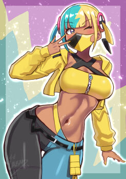 1girl absurdres aqua_hair bandeau black_mask blonde_hair breasts canari_(pokemon) center-flap_bangs criss-cross_halter halterneck highres jacket long_sleeves mask medium_breasts mega_stone mouth_mask multicolored_hair navel nintendo one_eye_closed pokemon pokemon_legends:_z-a short_twintails solo split-color_hair stomach twintails two-tone_mask yasu_suupatenin yellow_bandeau yellow_jacket yellow_mask