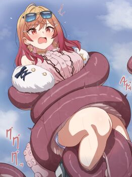 1girl absurdres ahoge blue_sky breasts commentary_request commission earrings eyewear_on_head hair_ornament hairclip highres hololive hololive_dev_is ichijou_ririka ichijou_ririka_(1st_costume) jewelry large_breasts long_hair milliani orange_eyes orange_hair pink_shirt pixiv_commission restrained shirt sky sunglasses tentacles virtual_youtuber wrapping