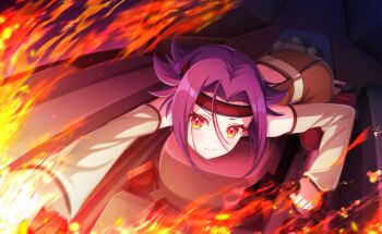 1girl breasts commentary_request detached_sleeves fire game_cg hair_between_eyes headband highres holding holding_sword holding_weapon japanese_clothes long_hair looking_at_viewer nekoashi_tsubomi official_art purple_hair red_eyes sleeveless smile solo sparks sword third-party_source weapon world_dai_star