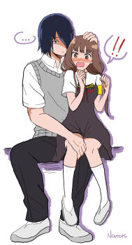 Rule 34 | 1boy, 1girl, black dress, black hair, brown hair, dress, grey vest, highres, iino miko, ishigami yuu, kaguya-sama wa kokurasetai ~tensai-tachi no renai zunousen~, long hair, nana (7kah), pants, school uniform, shoes, short hair, short sleeves, sitting, sitting on lap, sitting on person, socks, vest, white socks