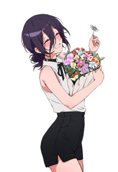 1girl absurdres bababa1001 bare_arms bare_shoulders black_choker black_ribbon black_shorts blush bouquet chainsaw_man choker closed_eyes collarbone commentary cowboy_shot flower hair_between_eyes hair_bun highres holding holding_bouquet holding_flower medium_hair neck_ribbon parted_lips purple_hair reze_(chainsaw_man) ribbon shirt shorts sleeveless sleeveless_shirt smile solo symbol-only_commentary teeth updo white_background white_flower white_shirt
