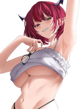 1girl arm_up armpits black_horns blue_eyes blush breasts camisole camisole_lift clothes_lift glasses heterochromia highleg highres holding holding_removed_eyewear hololive hololive_english horns irys_(hololive) large_breasts multicolored_hair navel parted_lips pointy_ears purple_eyes purple_hair red_hair short_hair si_farid simple_background smile solo streaked_hair two-tone_hair underboob unworn_eyewear upper_body virtual_youtuber white_background white_camisole
