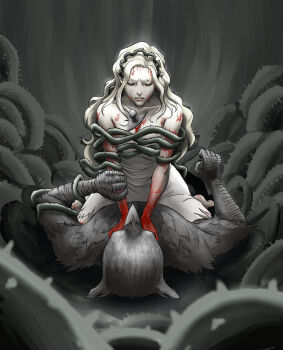 1boy 1girl bare_shoulders barefoot bleeding blood breasts cleavage closed_eyes crown_of_thorns cuts dress grey_background highres indoors injury knife_in_chest lying on_back princess_(slay_the_princess) rainsquall slay_the_princess strangling the_hero_(slay_the_princess) the_thorn_(slay_the_princess) thorns