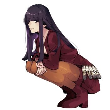 1girl black_eyes black_hair block_heels blunt_bangs boots devil_summoner:_soul_hackers devil_summoner_(series) from_side hand_on_own_knee hand_tattoo high_heel_boots high_heels jacket long_hair looking_at_viewer naomi_(soul_hackers) orange_pantyhose pantyhose raven_croow red_boots red_jacket solo squatting tattoo third-party_source tube white_background