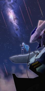 1girl absurdres aqua_hair black_skirt boots crossover detached_sleeves gundam gundam_bael gundam_tekketsu_no_orphans hatsune_miku highres long_hair mecha mobile_suit oropata_jin profile red_eyes robot shirt skirt sky sleeveless sleeveless_shirt star_(sky) starry_sky thigh_boots tube twintails vocaloid white_shirt