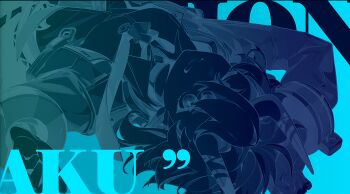 1boy 1girl absurdres aqua_theme arms_up blue_background blue_theme character_name english_text greyscale_with_colored_background hair_between_eyes highres horns jacket long_sleeves looking_at_viewer lying male_focus medium_hair mindscape_cinema_(zenless_zone_zero) monochrome multicolored_hair necktie official_art on_back open_mouth resized ribbon shirt simple_background smile solo song_name soukaku_(zenless_zone_zero) streaked_hair text_background third-party_edit upper_body upscaled upside-down zenless_zone_zero