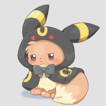 animal_focus black_bow blush bow brown_eyes brown_fur closed_mouth cosplay eevee full_body gen_1_pokemon gen_2_pokemon hood hood_up kana_(maple926) nintendo no_humans pokemon pokemon_(creature) pokemon_focus simple_background sitting solo tail umbreon umbreon_(cosplay)