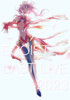 1girl 2023 absurdres bare_shoulders black_thighhighs breasts cat&#039;s_cradle center_opening cleavage commentary_request detached_sleeves egoist elbow_gloves fingerless_gloves floating_clothes floating_hair full_body gloves guilty_crown hair_ornament hair_tubes hairclip highres isca leotard long_hair looking_at_viewer medium_breasts navel open_mouth pink_hair red_eyes red_leotard red_sheet simple_background solo thighhighs twintails twitter_username white_background yuzuriha_inori