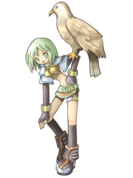 1girl 2000s_(style) animal_on_arm artist_request bad_id bird bird_on_arm black_boots black_gloves black_socks boots breasts brown_shirt brown_shorts brown_skirt cropped_jacket elbow_gloves falcon fingerless_gloves full_body gloves green_eyes green_hair hand_on_own_knee hunter_(ragnarok_online) jacket leaning_forward looking_at_viewer lowres medium_breasts midriff miniskirt navel official_art open_mouth ragnarok_online shirt short_shorts short_sleeves shorts shorts_under_skirt simple_background skirt smile socks solo standing white_background white_jacket