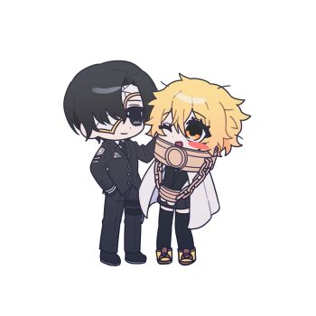 Rule 34 | 1boy, 1girl, black necktie, black skirt, black thighhighs, blonde hair, brown shoes, cape, chain, chained, chained wrists, collar, commentary request, cracked mask, cuffs, don quixote (project moon), eye mask, gloves, gojin11, half eye mask, highres, index (identity) (project moon), jacket, korean commentary, limbus company, long sleeves, mask, mask over one eye, metal collar, necktie, project moon, shackles, shirt, shoes, short hair, simple background, skirt, thighhighs, vest, white background, white cape, white shirt, yellow eyes, yi sang (project moon)