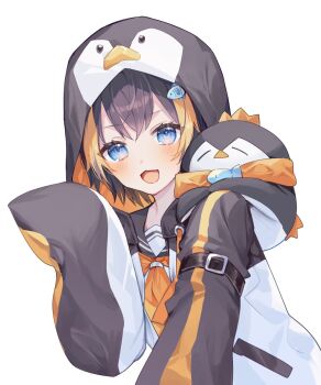 1girl arm_belt black_hair black_hoodie blonde_hair blue_eyes chestnut_mouth commentary_request fish_hair_ornament hair_ornament hand_up hood hood_up hoodie looking_at_viewer multicolored_hair neckerchief nijisanji nijisanji_en open_mouth orange_neckerchief pentomo_(petra_gurin) petra_gurin petra_gurin_(1st_costume) school_uniform serafuku simple_background sleeves_past_fingers sleeves_past_wrists solo streaked_hair two-tone_hair upper_body virtual_youtuber white_background white_hoodie zuwaineko