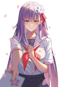 Rule 34 | absurdres, cherry blossoms, confession, dao qie, fate/stay night, fate (series), highres, long hair, looking at viewer, matou sakura, purple eyes, purple hair, sailor collar, shirt, short sleeves, straight-on, very long hair, white sailor collar, white shirt