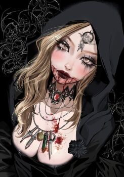 1girl bela_dimitrescu black_cloak blonde_hair blood blood_from_mouth blush breasts cleavage cloak eyelashes facial_mark forehead_mark gem hashtag-only_commentary highres hood hooded_cloak large_breasts long_hair looking_at_viewer makeup multiple_necklaces red_gemstone red_lips resident_evil resident_evil_village runny_makeup shmalloe solo wavy_hair