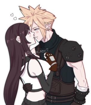 1boy 1girl armor bare_shoulders belt belt_buckle black_hair black_skirt blonde_hair blue_eyes blush breasts brown_gloves brown_hair buckle cloud_strife couple crop_top ctza_neri7 earrings eye_contact final_fantasy final_fantasy_vii final_fantasy_vii_remake fingerless_gloves gloves hand_on_another&#039;s_back heart hetero imminent_kiss jewelry large_breasts leaning_forward long_hair looking_at_another midriff multiple_belts parted_lips red_eyes ribbed_sweater short_hair shoulder_armor simple_background skirt sleeveless sleeveless_turtleneck spiked_hair stud_earrings suspender_skirt suspenders sweater tank_top tifa_lockhart turtleneck turtleneck_sweater twitter_username upper_body white_background white_tank_top