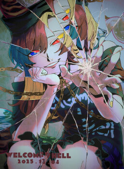 Rule 34 | 1girl, black shirt, blonde hair, blue eyes, blue hair, broken glass, chain, commentary request, frilled skirt, frills, glass, hecatia lapislazuli, hecatia lapislazuli (earth), hecatia lapislazuli (moon), highres, long hair, looking at viewer, multicolored skirt, multiple persona, off shoulder, parted lips, raya (uk 0128), red eyes, red hair, refraction, shirt, skirt, smile, touhou, yellow eyes