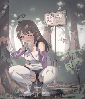 1girl ahoge arrow_(symbol) bag bare_shoulders bird black_bra black_panties black_skirt blue_shoes blush bra bra_strap breasts breath brown_eyes brown_hair bush buttons cleavage cobblestone collarbone commission dappled_sunlight day detached_sleeves embarrassed female_focus forest full_body grass grey_shoes half-closed_eyes hand_up highres ivy long_hair long_sleeves looking_down medium_breasts miniskirt nature nose_blush off-shoulder_shirt off_shoulder open_mouth original outdoors panties pantyshot path pee pee_stain pee_trail peeing peeing_self puddle purple_shirt restroom_symbol road rune_(dualhart) shirt shoes shoulder_bag sidelocks sign skirt sneakers solo spread_legs squatting steam sunlight sweat tears thighhighs tiptoes tree underwear upskirt water_drop wet wet_clothes wet_panties white_thighhighs
