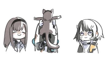 1other 2girls animal animal_ears animalization arknights arknights:_endfield black_coat black_hair black_hairband blue_eyes blush brown_cat brown_hair cat cat_ears closed_eyes closed_mouth coat commentary cropped_torso cumulussen doctor_(arknights) endministrator_(arknights) english_commentary female_endministrator_(arknights) hairband highres hood hood_up hooded_coat lab_coat long_hair long_sleeves looking_at_another medium_hair multiple_girls nervous_sweating open_clothes person_and_animalization priestess_(arknights) simple_background smile sweat sweater white_background white_coat white_sweater