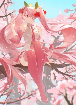 1girl bare_shoulders boots breasts cherry cherry_blossoms cherry_hair_ornament collared_shirt commentary detached_sleeves falling_petals flower food food-themed_hair_ornament fruit full_body hair_between_eyes hair_ornament hatsune_miku highres in_tree long_hair looking_at_flowers looking_to_the_side necktie official_alternate_costume petals pink_boots pink_eyes pink_hair pink_nails pink_necktie pink_skirt pink_sleeves pink_theme pleated_skirt sakura_miku shirt sitting sitting_in_tree skirt sleeveless sleeveless_shirt small_breasts solo thigh_boots thighhighs tie_clip tree twintails untucked_shirt uryoko very_long_hair vocaloid white_shirt wide_sleeves wind zettai_ryouiki