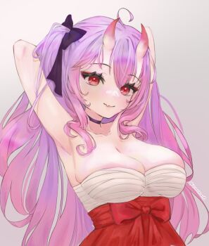 1girl ahoge artist_name breasts choker cleavage fang female_focus hakama hands_behind_own_head happy highres horns indie_virtual_youtuber japanese_clothes kamihoshi_project large_breasts looking_at_viewer monster_girl oni oni_female purple_hair red_eyes red_hakama skin_fang smile solo syd_karasukami virtual_youtuber yumemar0