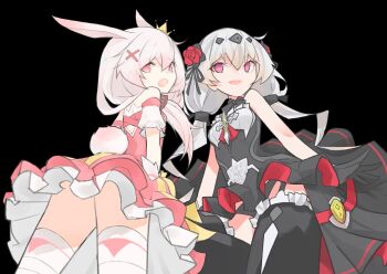 2girls :d animal_ears black_background black_dress boots commentary_request crown dress dual_persona error1980 flower fox_ears hair_flower hair_ornament highres honkai_(series) honkai_impact_3rd long_hair magical_girl multiple_girls open_mouth pink_dress pink_eyes red_eyes red_flower red_rose rose simple_background sleeveless sleeveless_dress smile theresa_apocalypse theresa_apocalypse_(luna_kindred) theresa_apocalypse_(magic_girl_teriri) theresa_apocalypse_(sakuno_rondo) thigh_boots thighhighs white_hair white_thighhighs