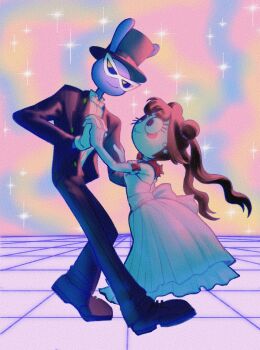 1boy 1girl animal_ears bishoujo_senshi_sailor_moon bishoujo_senshi_sailor_moon_(first_season) black_jacket black_pants black_shoes black_suit brown_hair chiba_mamoru chiba_mamoru_(cosplay) commentary cosplay dancing double_bun dress english_commentary eye_mask formal_clothes fruitysticker gloves gown hair_bun hat highres jacket jax_(the_amazing_digital_circus) long_hair mask pants pomni_(the_amazing_digital_circus) rabbit_boy rabbit_ears shirt shoes smile suit suit_jacket the_amazing_digital_circus top_hat tsukino_usagi tsukino_usagi_(cosplay) twintails white_dress white_gloves white_shirt