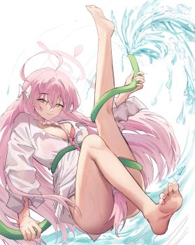Rule 34 | 1girl, absurdres, ahoge, barefoot, blue archive, blue eyes, blver, breasts, cleavage, feet, halo, hanako (blue archive), hanako (swimsuit) (blue archive), highres, holding, holding hose, hose, legs, long hair, pink hair, shirt, smile, soles, solo, swimsuit, thighs, toes, very long hair, water, wet, wet clothes, wet shirt, white shirt
