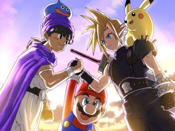 Rule 34 | cloud strife, crossover, gen 1 pokemon, handshake, hero (dq5), highres, mario, nintendo, pikachu, pokemon, pokemon (creature), slime (dragon quest), super smash bros., yuto sakurai