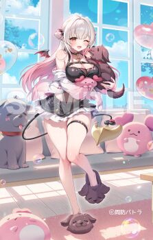 1girl absurdres animal animal_slippers bare_shoulders black_choker black_shirt black_skirt breasts brown_leotard choker cleavage commentary_request crop_top demon_tail dog dog_slippers frilled_skirt frills full_body gomashio_ponz gradient_clothes gradient_hair highres indie_virtual_youtuber jacket large_breasts leotard leotard_under_clothes long_hair looking_at_viewer mini_wings miniskirt multicolored_hair off_shoulder one_eye_closed open_clothes open_jacket open_mouth orange_eyes pink_hair sample_watermark shirt skirt sleeveless sleeveless_shirt slippers smile solo suou_patra suou_patra_(11th_costume) tail thigh_strap thighs two-tone_hair virtual_youtuber watermark white_hair white_jacket wings