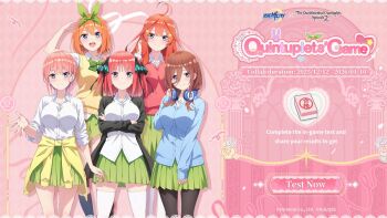 Rule 34 | 5girls, ahoge, arm up, arms under breasts, black bow, black jacket, black pantyhose, black ribbon, blue cardigan, blue eyes, blush, bow, bowtie, breasts, brown hair, cardigan, closed mouth, clothes around waist, collarbone, collared shirt, dot nose, english text, female focus, game cg, go-toubun no hanayome, green bow, green bowtie, green ribbon, green skirt, hair between eyes, hair bow, hair ornament, hair over one eye, hair ribbon, headphones, headphones around neck, highres, jacket, kneehighs, large breasts, legs, long hair, long sleeves, looking at viewer, medium hair, medium skirt, miniskirt, multiple girls, nakano ichika, nakano itsuki, nakano miku, nakano nino, nakano yotsuba, official art, open mouth, orange hair, pantyhose, pink hair, pleated skirt, quintuplets, red cardigan, red hair, ribbon, riichi city, school uniform, shirt, shirt tucked in, shirt under sweater, short sleeves, siblings, sisters, skirt, smile, socks, star (symbol), star hair ornament, sweater, sweater around waist, teeth, thighhighs, thighs, translated, white shirt, white thighhighs, yellow cardigan, yellow sweater, zettai ryouiki