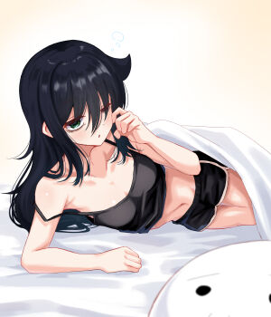 1girl 2channel bags_under_eyes bed_sheet black_camisole black_hair black_shorts blush breasts camisole commentary_request cushion dolphin_shorts green_eyes hair_between_eyes highres kuroki_tomoko long_hair looking_at_viewer lying midriff navel on_bed on_side one_eye_closed parted_lips rubbing_eyes shoboon shorts simple_background small_breasts solo squeans strap_slip tears under_covers waking_up wata9mm_no watashi_ga_motenai_no_wa_dou_kangaetemo_omaera_ga_warui!