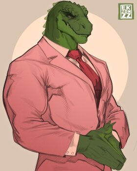 1boy absurdres artist_name bara commentary dinosaur_boy dispatch ekzonzz english_commentary formal_clothes furry furry_male green_scales highres looking_at_viewer male_focus muscular muscular_male necktie own_hands_together pink_suit red_necktie smile suit sweettalker_(dispatch)