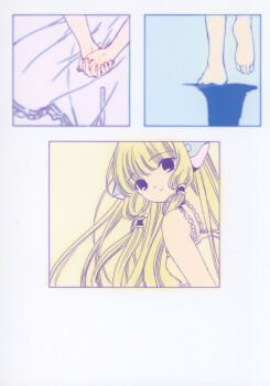 00s 1girl 2002 barefoot blonde_hair breasts chii chobits clamp clamp_(circle) close-up comic feet highres long_hair official_art own_hands_together portrait postcard_(medium) silent_comic