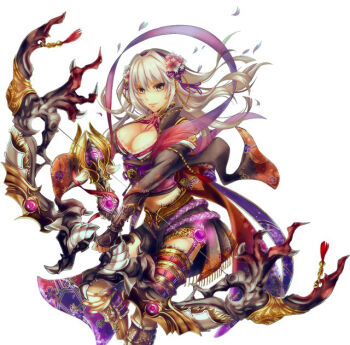 Rule 34 | 1girl, bow (weapon), bracer, breasts, capcom, cleavage, cleavage cutout, clothing cutout, company connection, female focus, flower, hair flower, hair ornament, large breasts, long hair, midriff, monster hunter (series), monster hunter frontier, natasha (monster hunter), official art, onimusha soul, platinum blonde hair, ribbon, solo, thighhighs, weapon