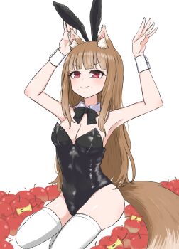 >:) 1girl absurdres akuma0320 alternate_breast_size_(larger) alternate_costume animal_ear_fluff animal_ears apple arm_up armpits arms_up bitten_apple black_bow black_bowtie black_leotard blunt_bangs blush bow bowtie breasts bright_pupils brown_hair bunny_day cleavage closed_mouth commentary detached_collar eyelashes fake_animal_ears food food_bite food_on_face fruit highleg highleg_leotard highres holo knees_out_of_frame leotard long_hair looking_at_viewer medium_breasts playboy_bunny rabbit_ears rabbit_pose red_eyes shiny_skin simple_background sitting smile solo spice_and_wolf straight_hair strapless strapless_leotard tail thighhighs thighs tsurime v-shaped_eyebrows very_long_hair white_background white_pupils white_thighhighs white_wrist_cuffs wolf_ears wolf_girl wolf_tail wrist_cuffs yokozuwari