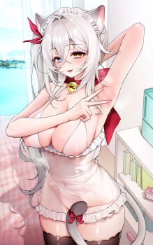 1girl absurdres animal_ears arm_behind_head arm_up armpits bare_arms bare_shoulders bell black_thighhighs blue_eyes bow breasts bright_pupils cat_ears cat_girl cat_tail chano39 choker cleavage commission covered_erect_nipples covered_navel cowboy_shot dress fang frills hair_between_eyes headdress heterochromia highres jingle_bell large_breasts long_hair looking_at_viewer mole mole_under_mouth no_bra no_panties open_mouth original presenting_armpit red_choker see-through_clothes see-through_dress short_dress side_ponytail sleeveless sleeveless_dress smile solo spaghetti_strap spread_armpit standing tail tail_bow tail_censor tail_ornament thighhighs thighs v very_long_hair white_dress white_hair yellow_eyes