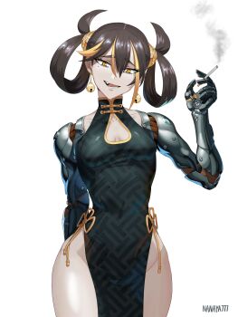 1girl absurdres arm_behind_back artist_name bell bell_earrings blonde_hair breasts brown_hair china_dress chinese_clothes cigarette cleavage cleavage_cutout clothing_cutout commentary_request covered_navel cyborg dress earrings fang hair_rings head_tilt highres holding holding_cigarette jewelry jingle_bell mechanical_arms medium_breasts mole mole_under_eye multicolored_hair nanaya777 narrow_waist open_mouth original pelvic_curtain smile smoke solo streaked_hair two-tone_hair yellow_eyes