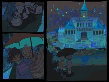 2others androgynous bandage_on_face bandage_on_nose bandages bandaid bandaid_on_face blush brown_hair buck_teeth castle closed_eyes collared_sweater frisk_(undertale) hair_between_eyes highres holding holding_umbrella long_sleeves monster_kid_(undertale) multiple_others open_mouth other_focus pants poncho scenery shirt shoes short_hair smile sneakers socks sparkle split_screen standing striped_clothes striped_shirt striped_sweater sweater teeth two-tone_sweater umbrella undertale upper_body utdr_(toby_fox) white_socks yaksa_del