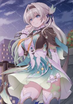 1girl absurdres aqua_skirt aqua_thighhighs black_hairband black_jacket blush breasts closed_mouth commentary_request commission cropped_jacket detached_sleeves dress firefly_(honkai:_star_rail) gradient_eyes gradient_hair green_thighhighs grey_hair hair_between_eyes hair_intakes hair_ornament hairband highres honkai:_star_rail honkai_(series) jacket large_breasts long_hair long_sleeves multicolored_eyes multicolored_hair neckerchief night night_sky orange_neckerchief pokemoa purple_eyes shirt skeb_commission skirt sky smile solo star_(sky) thighhighs two-tone_eyes white_shirt white_sleeves