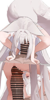 1boy 1girl animal_ear_fluff animal_ears anus ass bar_censor barefoot blush breasts censored cowgirl_position dodo24850918 erection fang fox_ears fox_girl fox_tail girl_on_top grey_hair hair_between_eyes hetero imminent_penetration imminent_vaginal japanese_clothes just_the_tip large_penis loli long_hair looking_at_penis multiple_views nipples nude open_mouth original penis pov pussy red_eyes sex simple_background small_breasts smile solo_focus squatting squatting_cowgirl_position straddling tail vaginal very_long_hair white_background white_hair