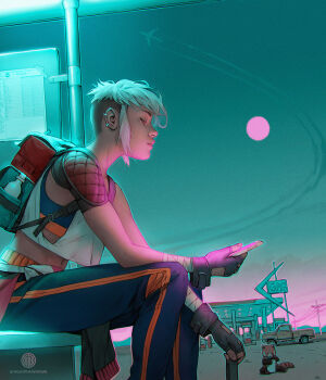 1girl aircraft airplane ari_banks artist_name backpack bag bandaged_wrist bandages black_gloves blue_pants bottle bus_stop cellphone closed_mouth clothes_around_waist commentary commission ear_piercing english_commentary fingerless_gloves from_side full_moon gas_station gloves highres holding holding_phone midriff moon motor_vehicle navel original pants phone photoshop_(medium) piercing red_panda shirt short_hair sidelocks sitting sky smartphone solo truck undercut utility_pole valentina_remenar very_short_hair white_shirt